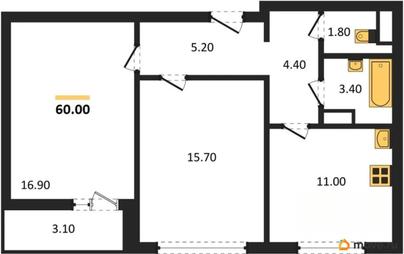 2-комн. квартира, 60 м&sup2;