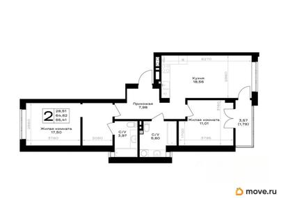 2-комн. квартира, 66.41 м&sup2;