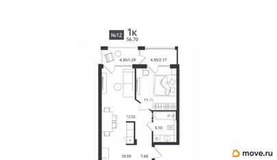 1-комн. квартира, 56.7 м&sup2;
