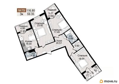 3-комн. квартира, 116.8 м&sup2;