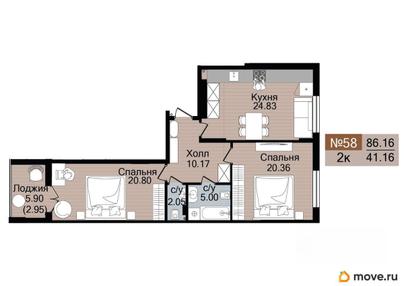 2-комн. квартира, 86.16 м&sup2;