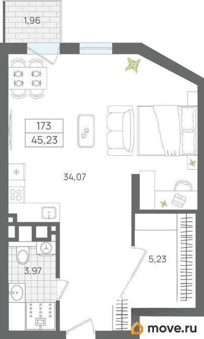 1-комн. апартаменты, 45.23 м&sup2;