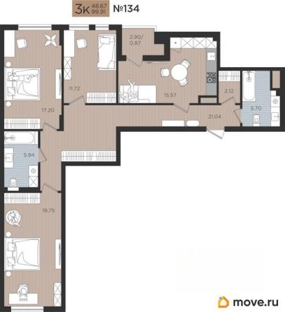 3-комн. квартира, 99.91 м&sup2;