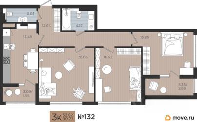 3-комн. квартира, 90.77 м&sup2;