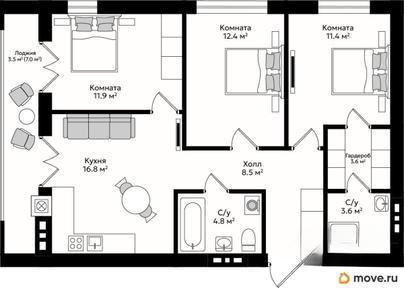 3-комн. квартира, 76.5 м&sup2;