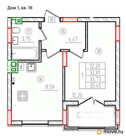 1-комн. квартира, 35.45 м&sup2;