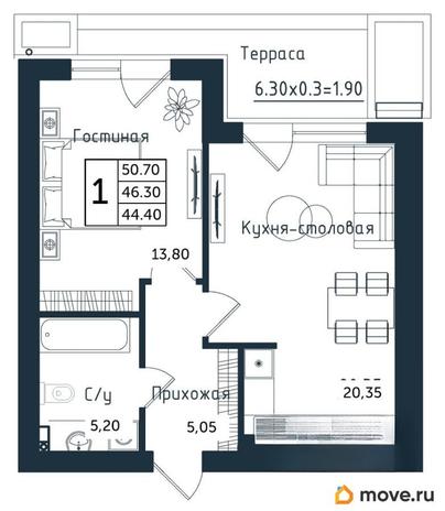 1-комн. квартира, 50.7 м&sup2;