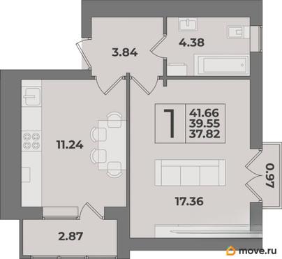 1-комн. квартира, 41.66 м&sup2;