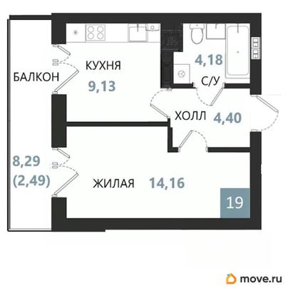 1-комн. квартира, 34.36 м&sup2;