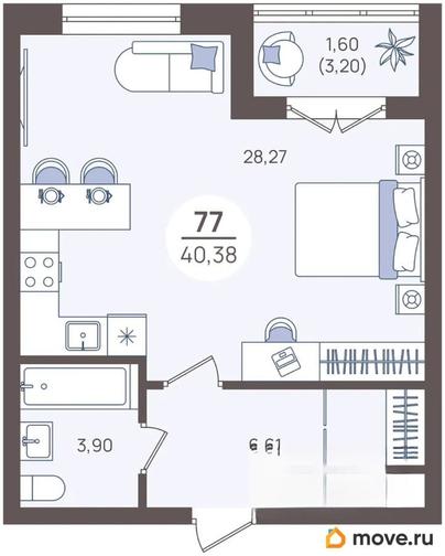 1-комн. апартаменты, 42.1 м&sup2;
