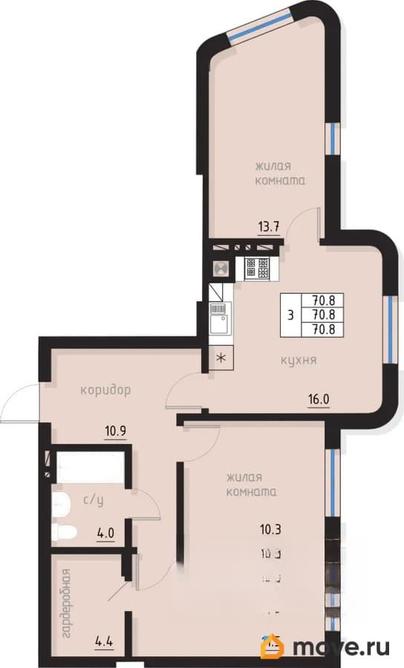 3-комн. квартира, 70.8 м&sup2;