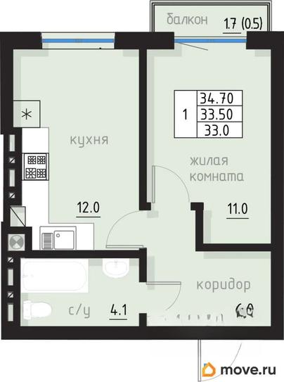 1-комн. квартира, 34.7 м&sup2;