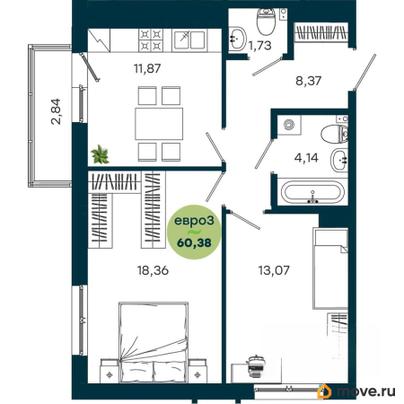 2-комн. квартира, 60.38 м&sup2;