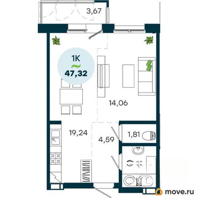 1-комн. квартира, 47.32 м&sup2;