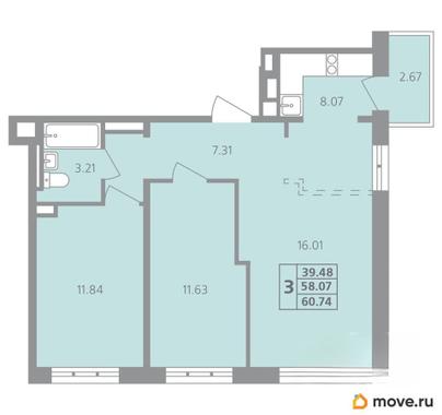 3-комн. квартира, 60.74 м&sup2;