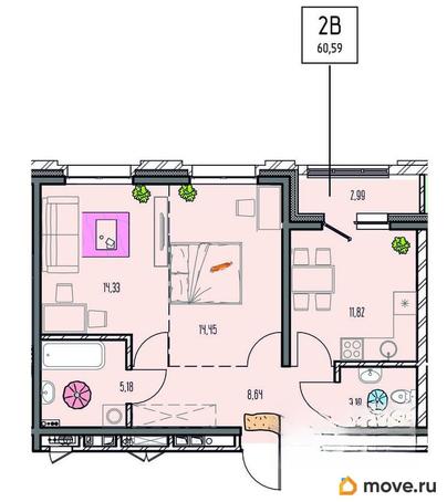 2-комн. квартира, 60.59 м&sup2;