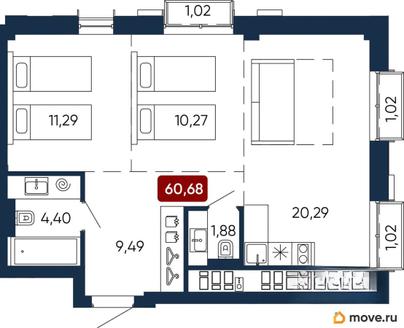 2-комн. квартира, 60.68 м&sup2;