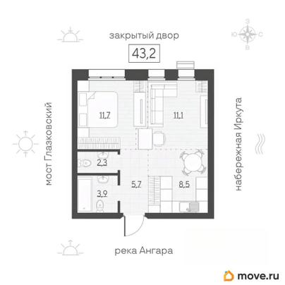 2-комн. квартира, 43.2 м&sup2;