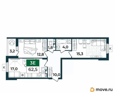 3-комн. квартира, 62.5 м&sup2;