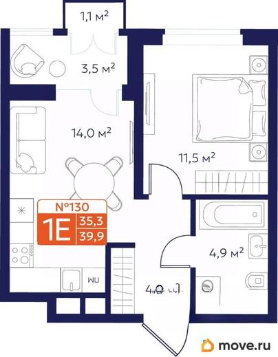 1-комн. квартира, 37.38 м&sup2;
