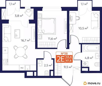 2-комн. квартира, 58.16 м&sup2;
