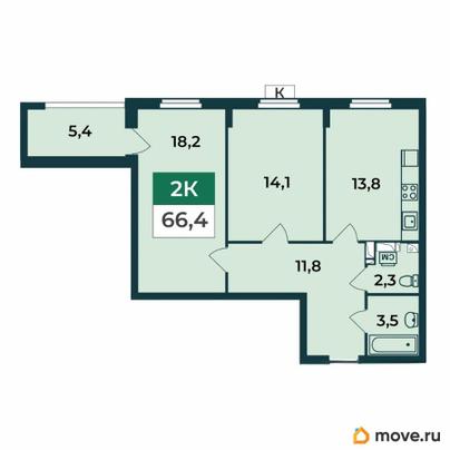 2-комн. квартира, 66.4 м&sup2;