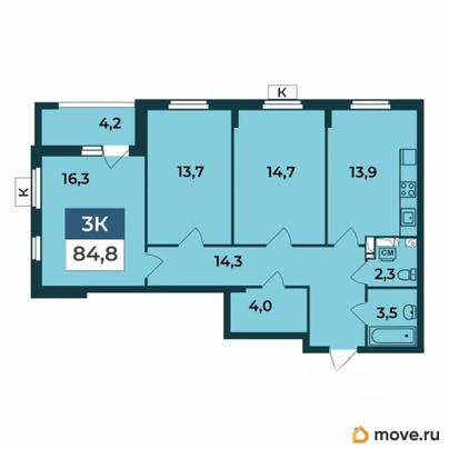 3-комн. квартира, 84.8 м&sup2;