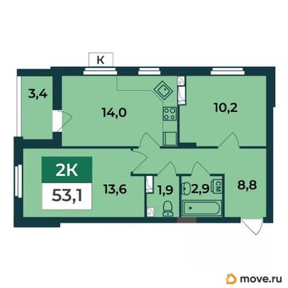 2-комн. квартира, 53.1 м&sup2;