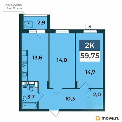 2-комн. квартира, 59.75 м&sup2;