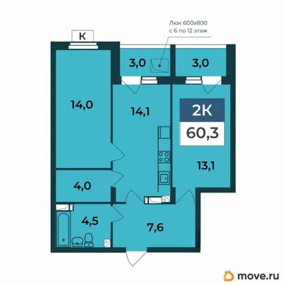 2-комн. квартира, 60.3 м&sup2;