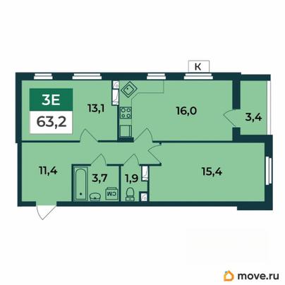 3-комн. квартира, 63.2 м&sup2;