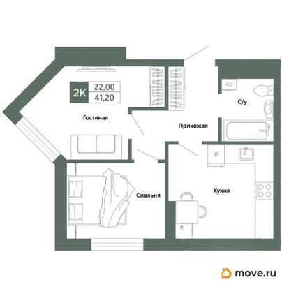 2-комн. квартира, 41.2 м&sup2;