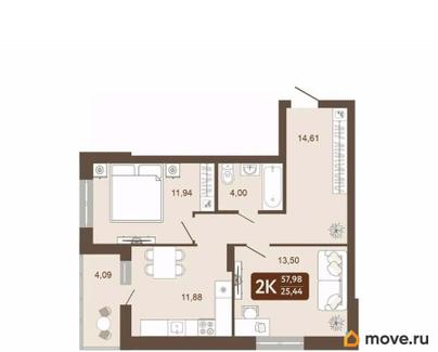 2-комн. квартира, 57.98 м&sup2;
