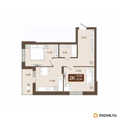 2-комн. квартира, 57.98 м&sup2;