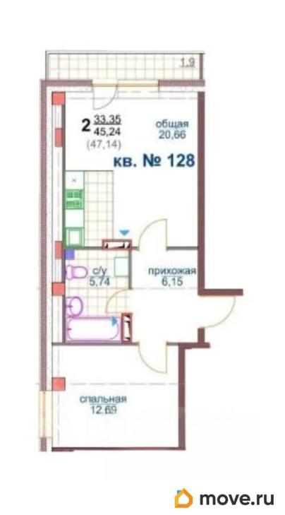 2-комн. квартира, 45.24 м&sup2;