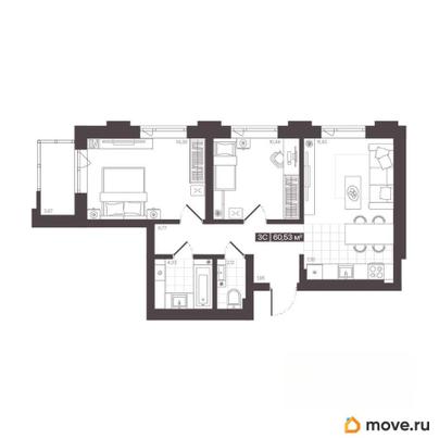 3-комн. квартира, 60.53 м&sup2;