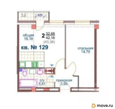 2-комн. квартира, 42.18 м&sup2;