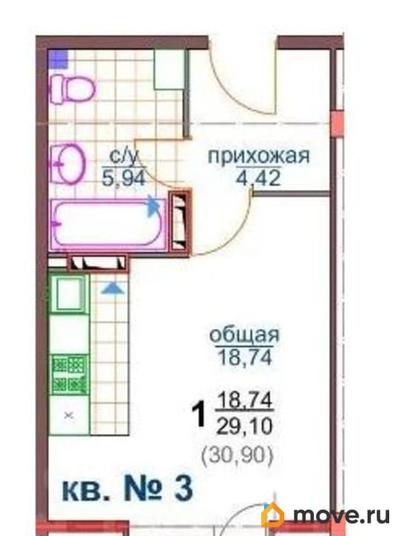 1-комн. квартира, 29.1 м&sup2;