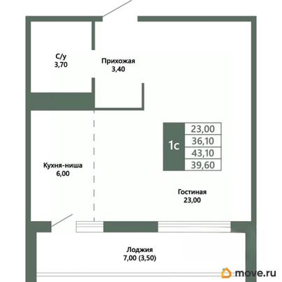 1-комн. квартира, 39.6 м&sup2;