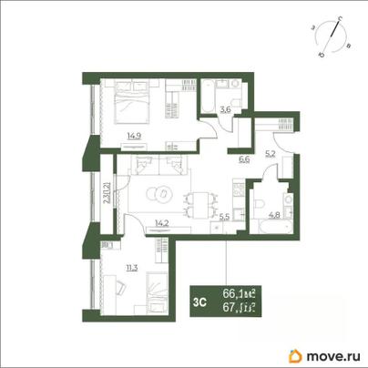 3-комн. квартира, 67.3 м&sup2;