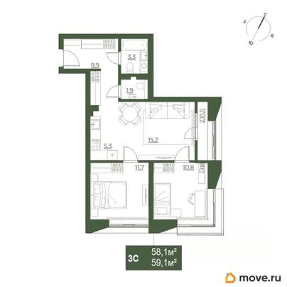 3-комн. квартира, 59.1 м&sup2;