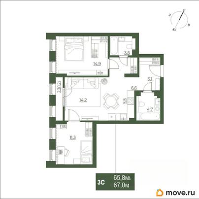 3-комн. квартира, 67 м&sup2;