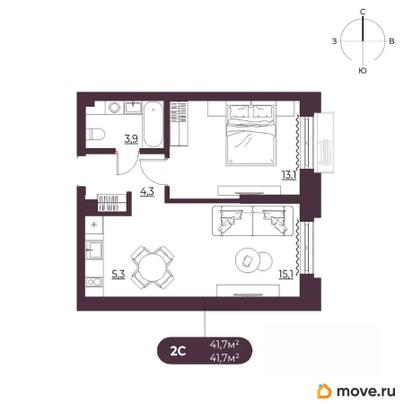 2-комн. квартира, 41.7 м&sup2;