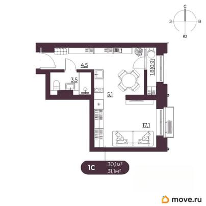 студия, 31.1 м&sup2;