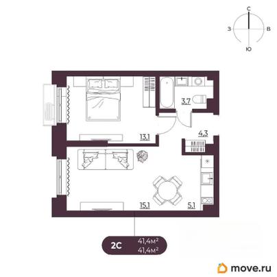 2-комн. квартира, 41.4 м&sup2;