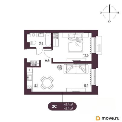 2-комн. квартира, 41.4 м&sup2;