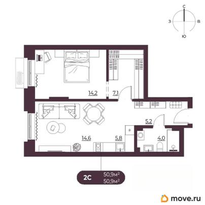 2-комн. квартира, 50.9 м&sup2;
