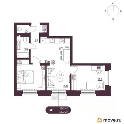 3-комн. квартира, 56.2 м&sup2;