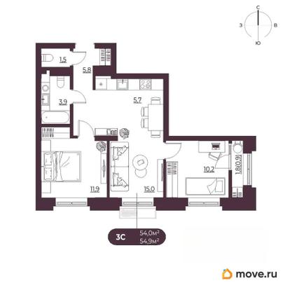 3-комн. квартира, 54.9 м&sup2;