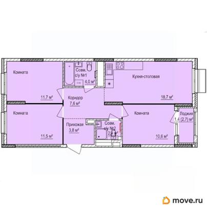 3-комн. квартира, 71.7 м&sup2;